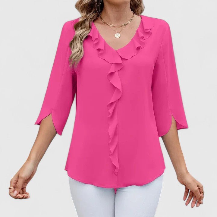 Office fashion women's top: sophisticated V-neck, ruffles, and elegant split sleeves.