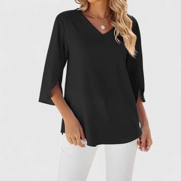 Lightweight women's ruffle V-neck blouse, ideal for versatile everyday elegant wear.