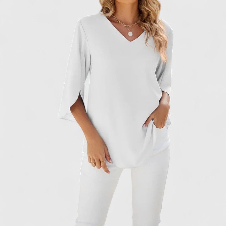 Stylish women's V-neck blouse with ruffles & split sleeves, a perfect blend of casual & chic.