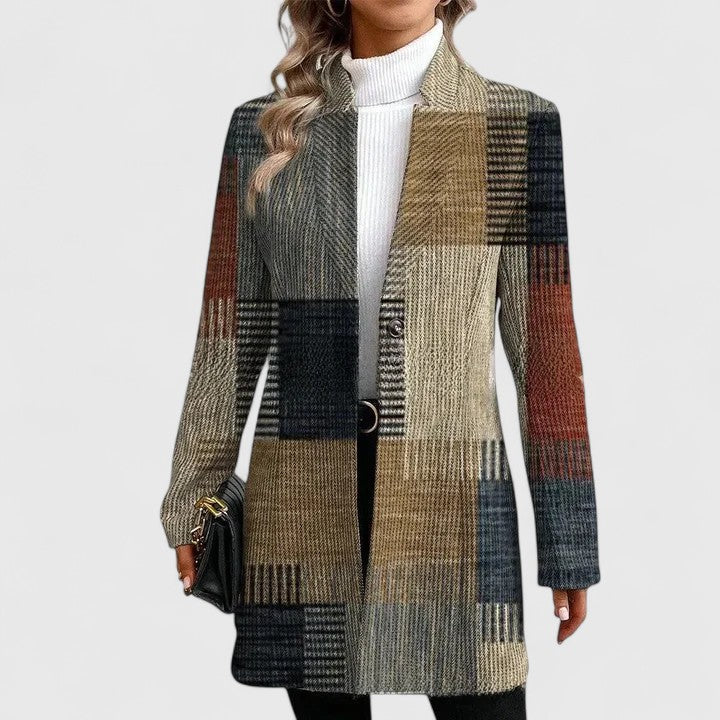 Chic women's plaid longline blazer. Rustic fall/winter outerwear for effortless style & layering.