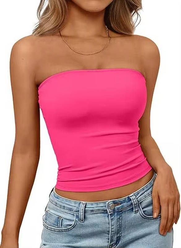 Women's seamless strapless crop top, stretch fit design, perfect for summer fashion versatility.