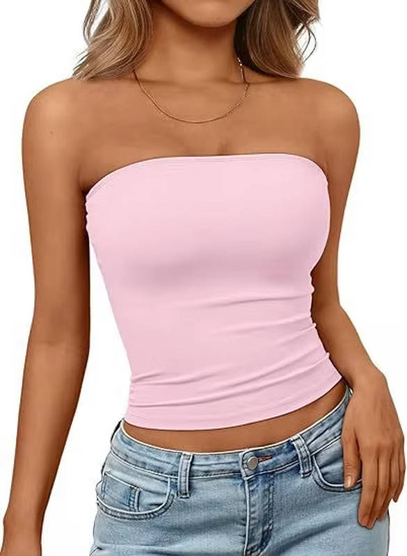 Stylish women's bandeau crop top with a seamless, stretch fit. Ideal for summer casual wear.