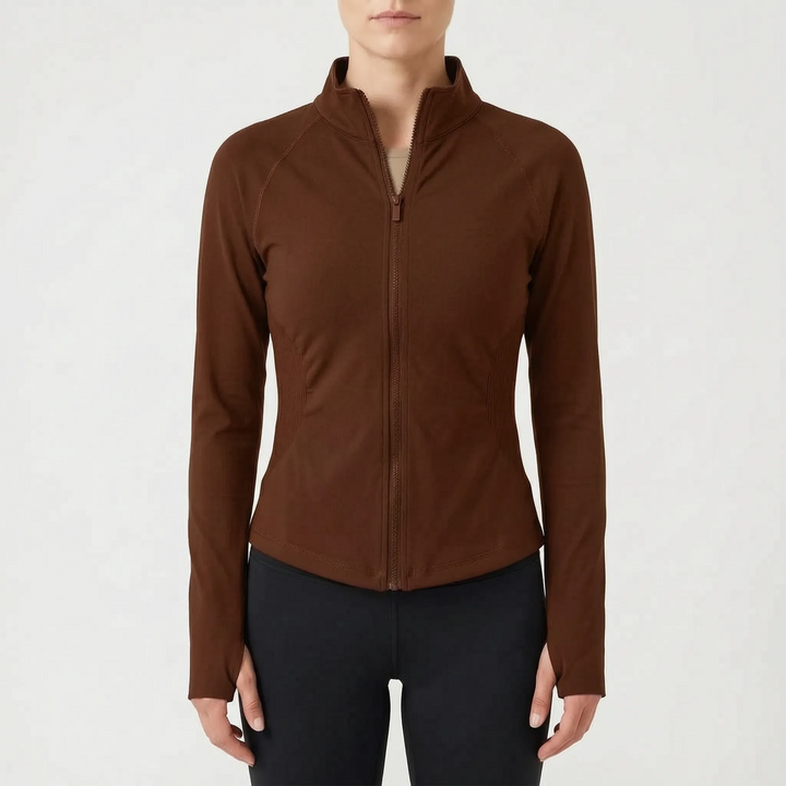 Long sleeve women's stretch jacket, seamless design for performance athletic wear.