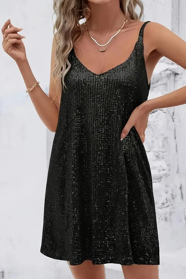 Dazzling women's V-neck sequin swing dress for any special occasion.
