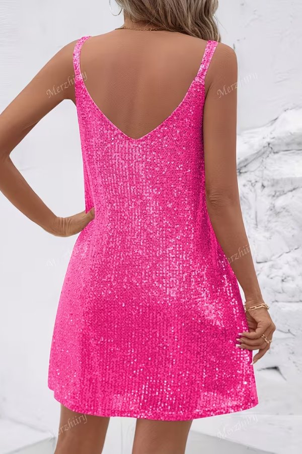 Women's sequin V-neck homecoming dress with a playful swing silhouette.