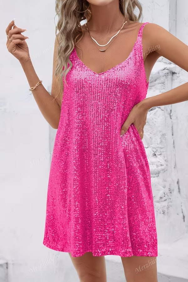Perfect party wear! Shimmering V-neck sequin mini dress for women's special occasions & cocktail events.