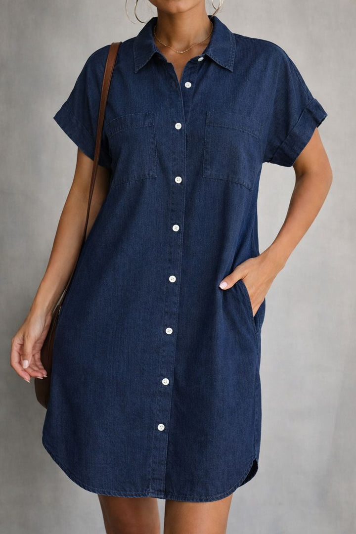 Dark blue women's short sleeve casual dress with a relaxed fit. Comfortable & simple style for summer.