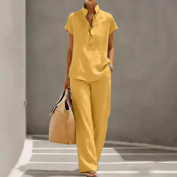 Stylish women's short sleeve lounge set, a comfortable two-piece with wide-leg pants, ideal for summer casual wear.