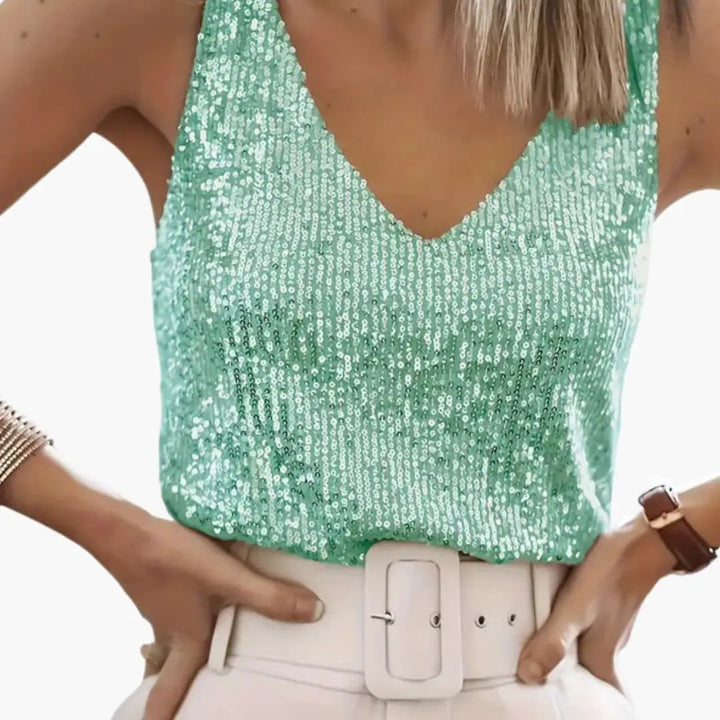 Women's sleeveless sequin tank top, round neck. Perfect for party wear or a glamorous summer style.