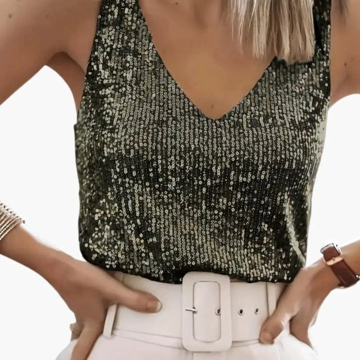 Chic women's sequin tank top, sleeveless & round neck. Great for party wear or a glamorous casual look.