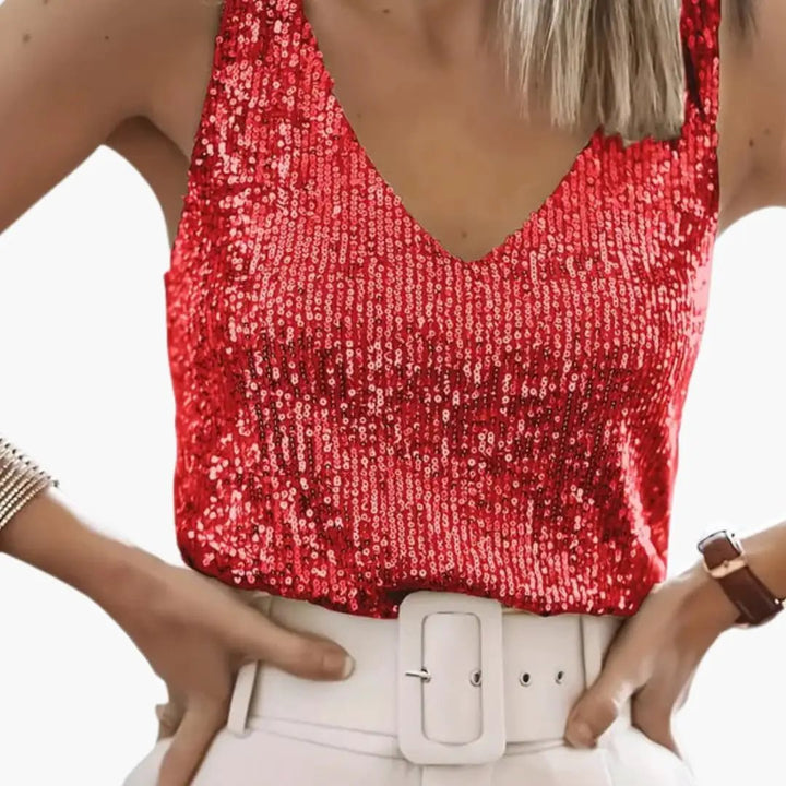 Stylish women's sleeveless sequin top, round neck. Versatile for party wear, summer, or elegant layering.