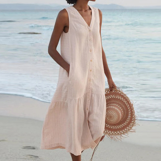Women's sleeveless V-neck midi dress with button front, perfect for casual summer wear and everyday comfort.