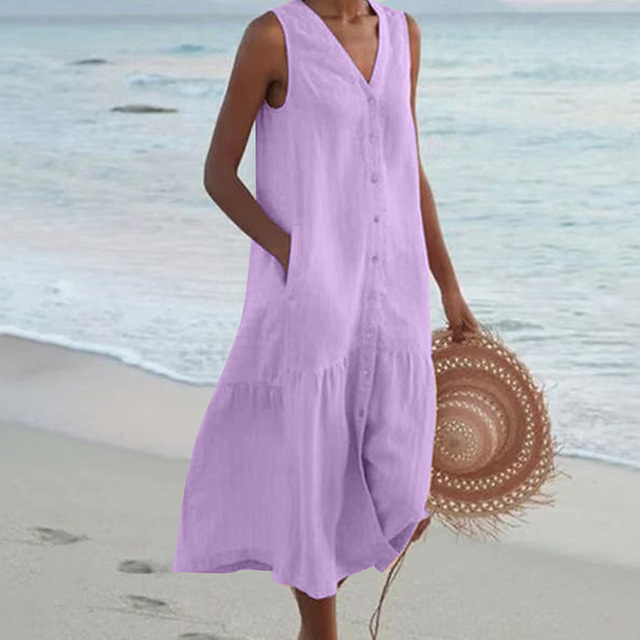 Casual women's sleeveless midi dress featuring a flattering V-neck and stylish button front, perfect for summer days.