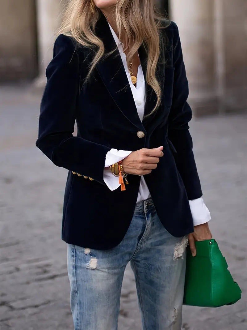 Women's slim-fit blazer with gold buttons for a polished look.