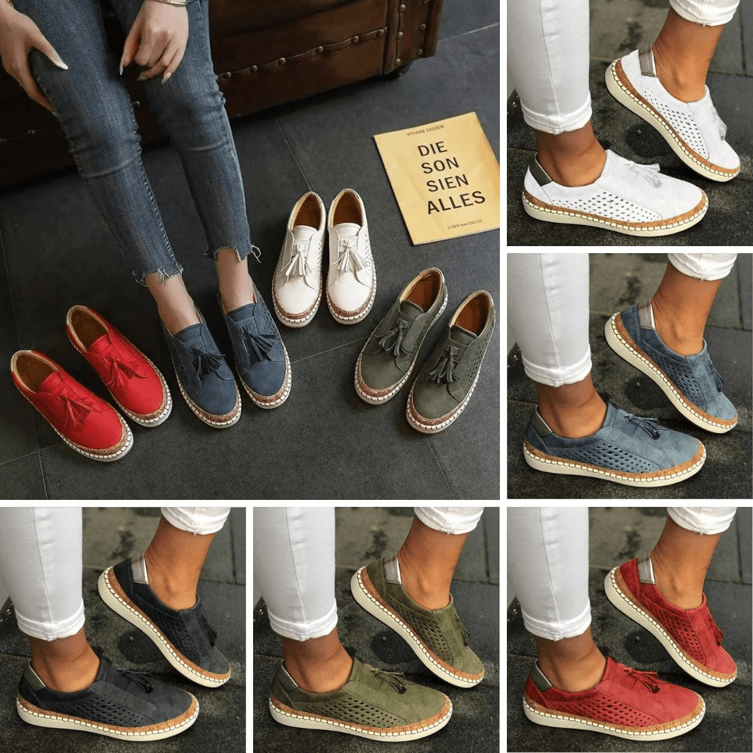 Stylish perforated women's slip-on sneakers with tassel, offering comfort for spring & summer.