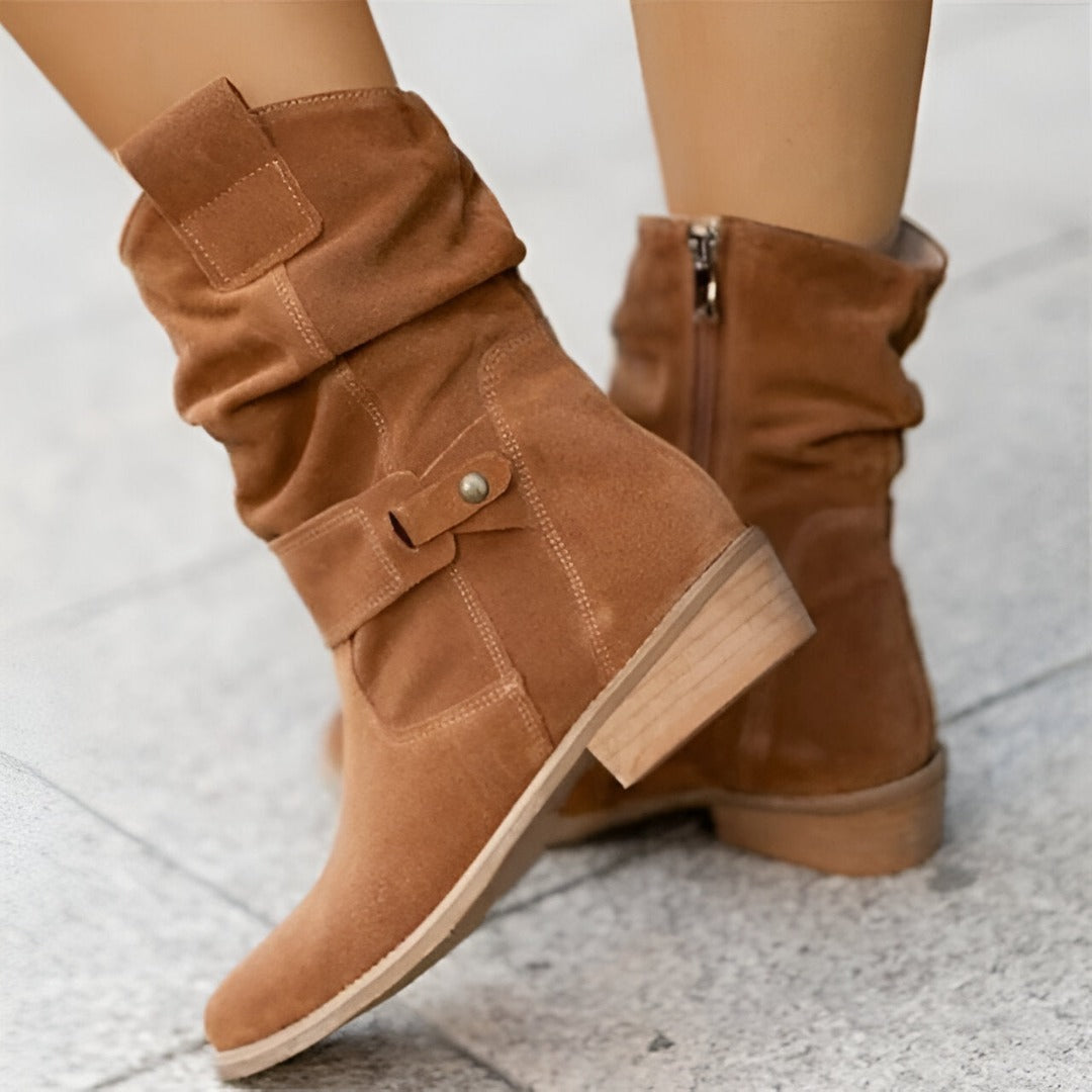 Comfortable women's slouchy ankle boots, low heel, buckle strap. Essential fall footwear for chic everyday style.