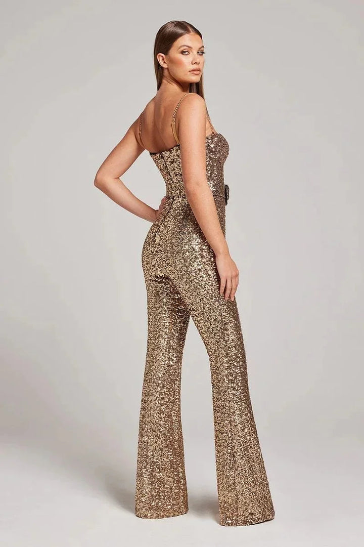 Dazzling gold strapless glitter jumpsuit for women, featuring a cinching waist belt, perfect for evening wear.