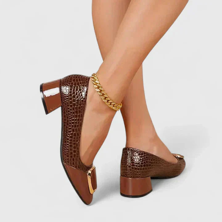 Women's square toe block heel loafers with gold buckle detail, stylish for office wear & casual outfits.