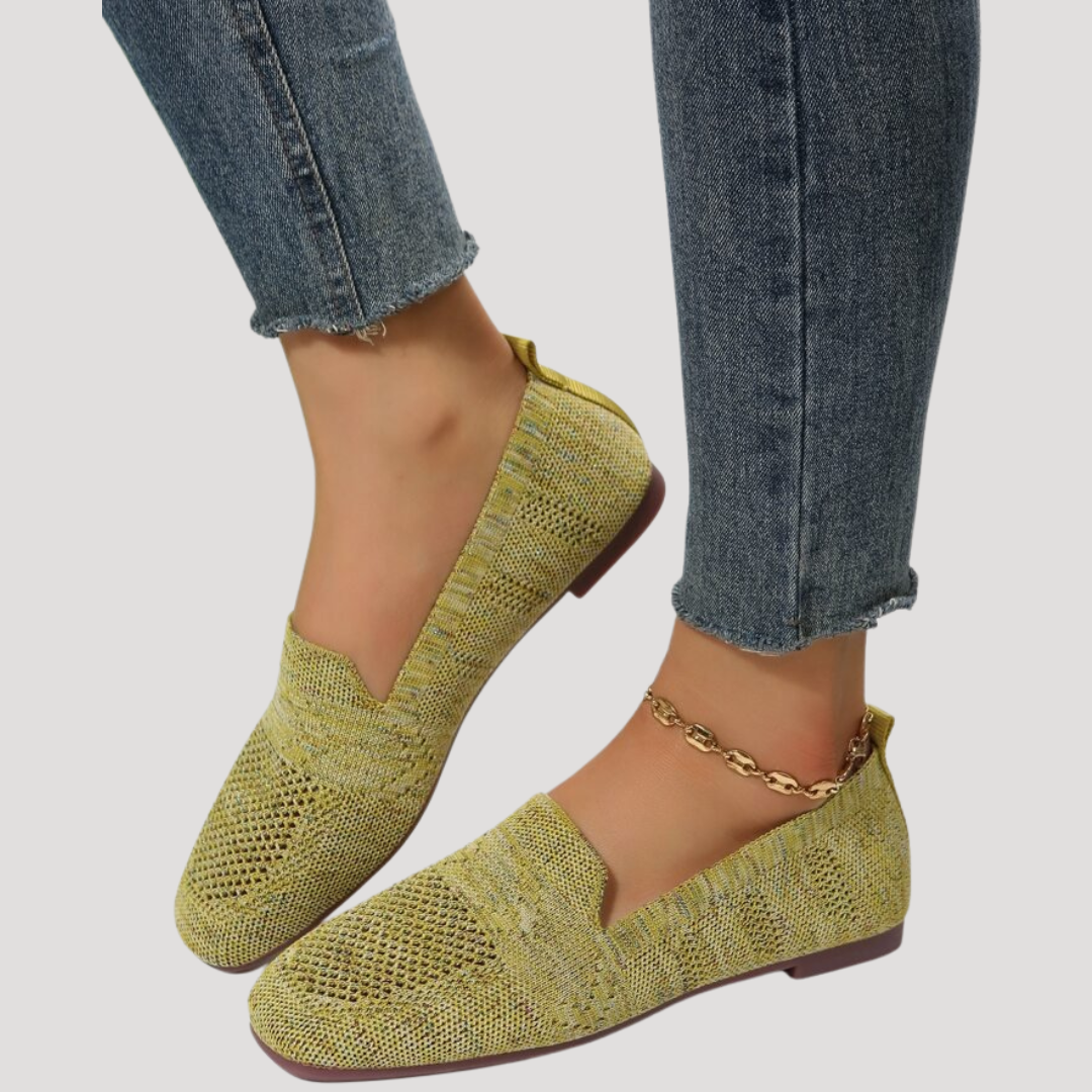 Side view of comfortable women's square toe breathable knit slip-on flats.