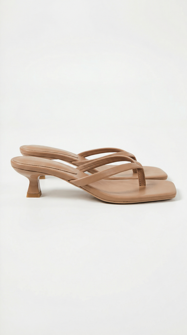 Women's minimalist square toe thong kitten heel sandals, sleek and elegant design.