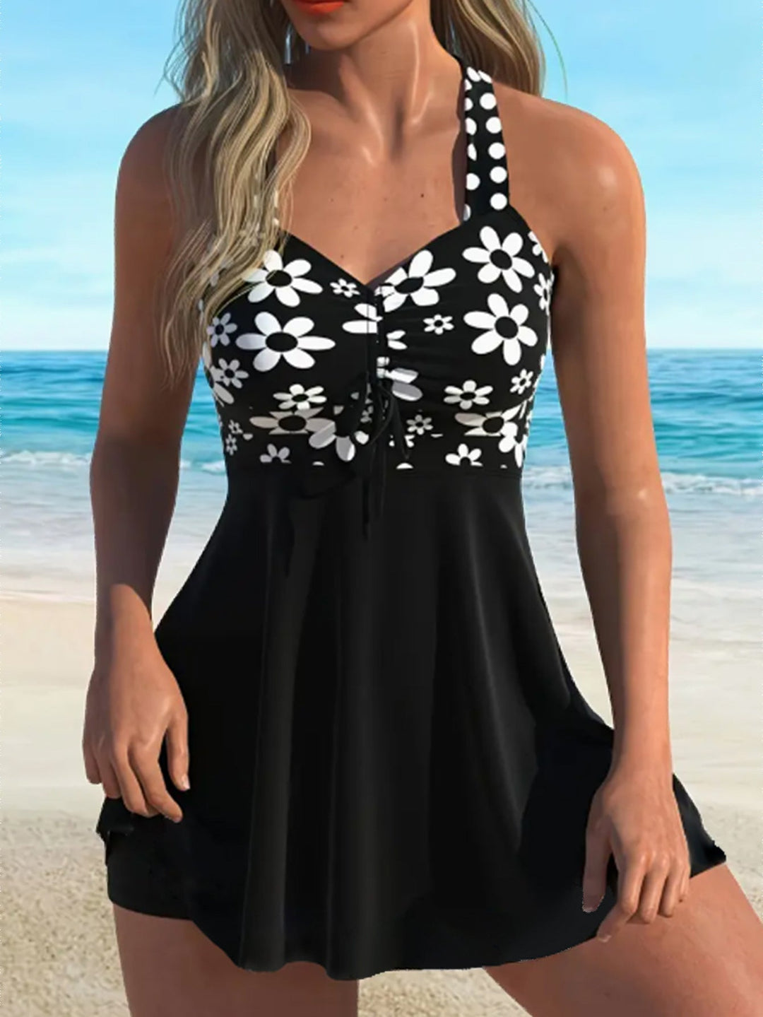 Summer women's bikini set with a stylish strap top and coordinating high-waisted swim shorts.