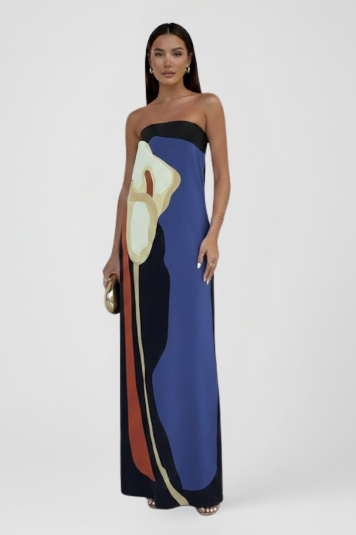Perfect summer strapless maxi dress for women. Vibrant pattern adds elegance to any casual beach outing.