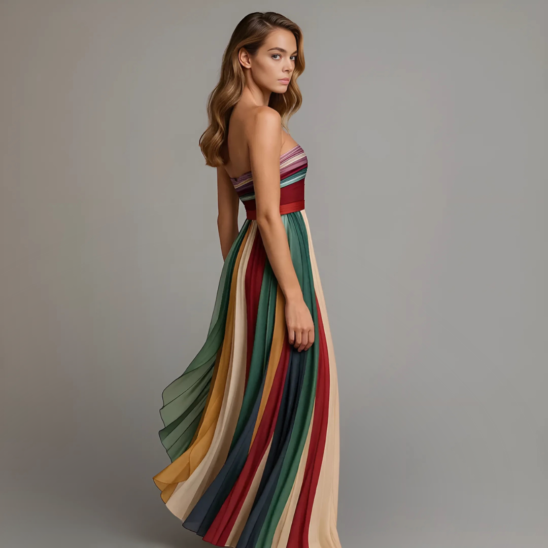 Elegant women's strapless rainbow pleated maxi dress, a chic and comfortable choice for summer events.