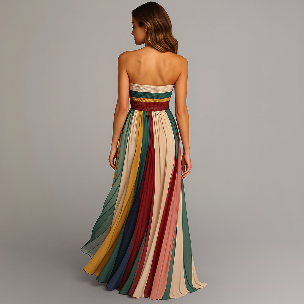 Vibrant rainbow pleated strapless maxi dress for women. Ideal elegant party dress & special occasion wear.