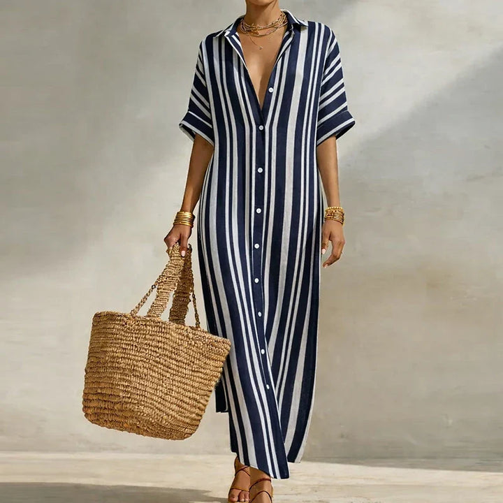 Effortless women's casual striped long shirt dress; comfortable V-neck & three-quarter sleeves.