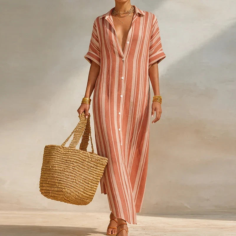 Versatile women's day dress: striped, long, V-neck shirt dress with three-quarter sleeves & relaxed fit.