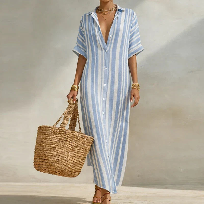 Women's everyday striped long shirt dress for summer; relaxed fit, V-neck, three-quarter sleeves.