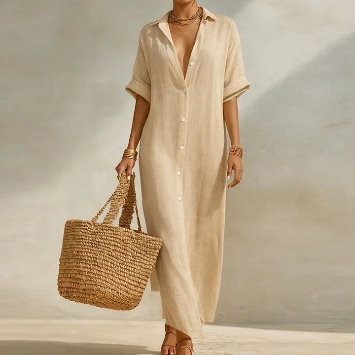 Comfortable women's striped long shirt dress, perfect for casual summer days, with V-neck design.