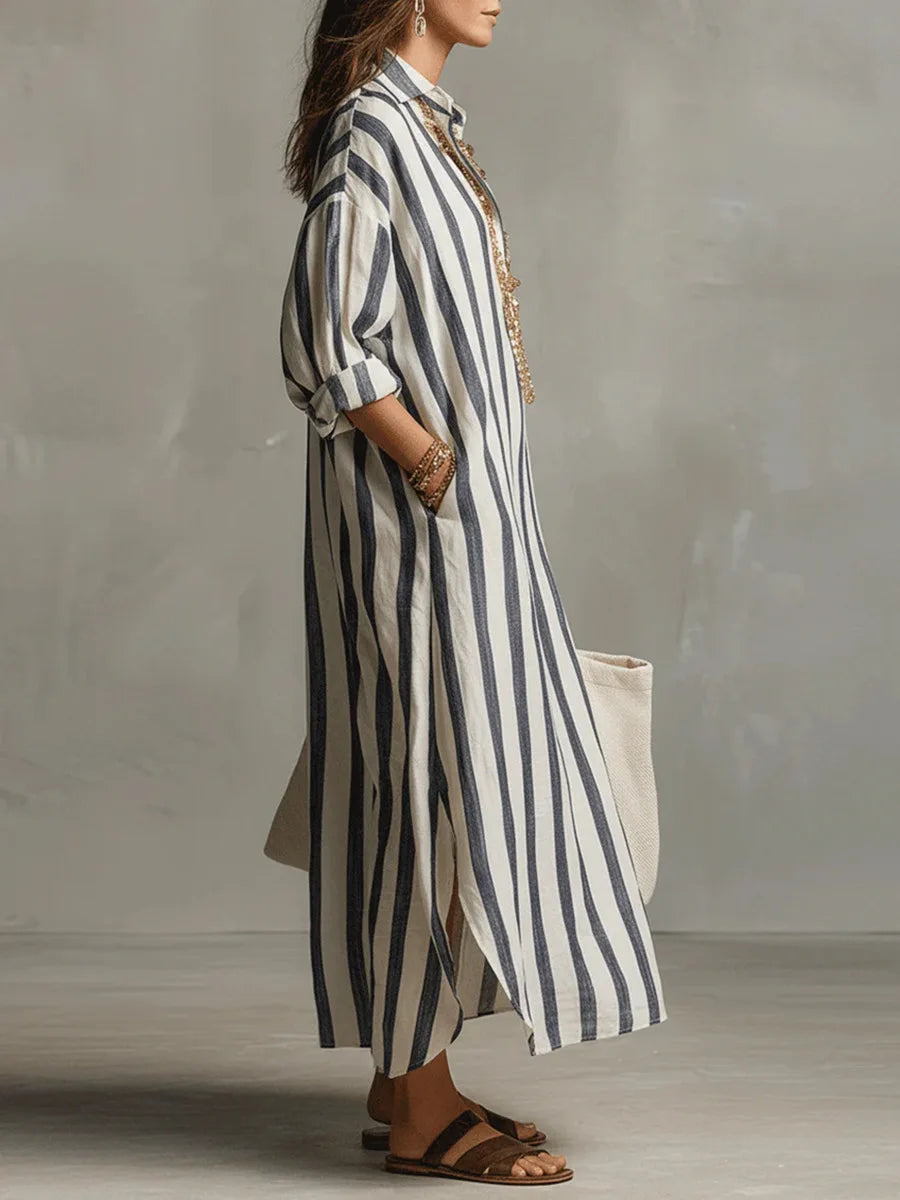 Casual women's striped maxi shirt dress with a relaxed fit & handy pockets, perfect for everyday wear.