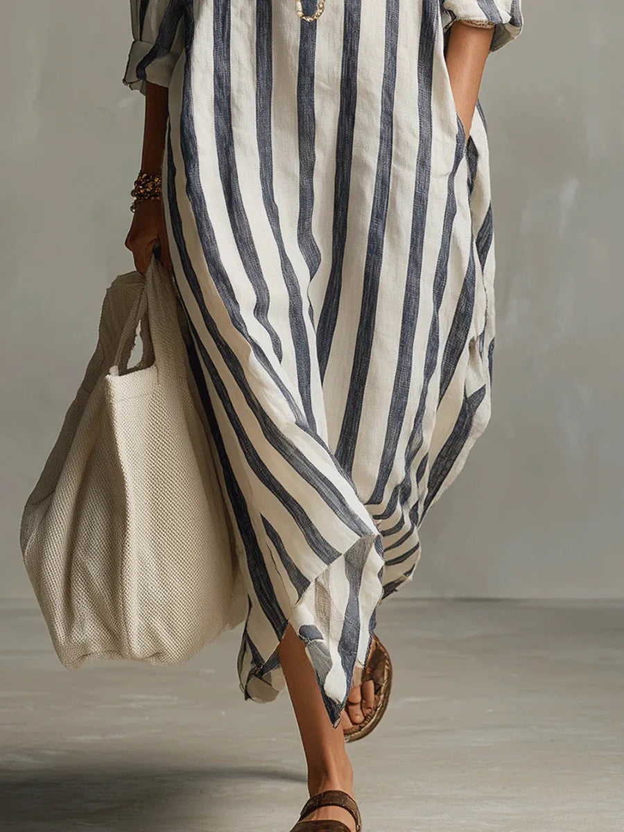 Lightweight striped maxi shirt dress for women, great for summer travel, featuring a relaxed fit & pockets.