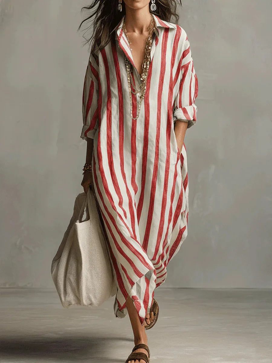 Versatile women's everyday striped maxi dress, designed as a shirt dress with practical pockets.