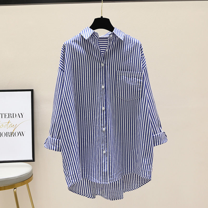 Multi-season women's striped oversized longline button-down shirt, ideal for chic casual fashion.