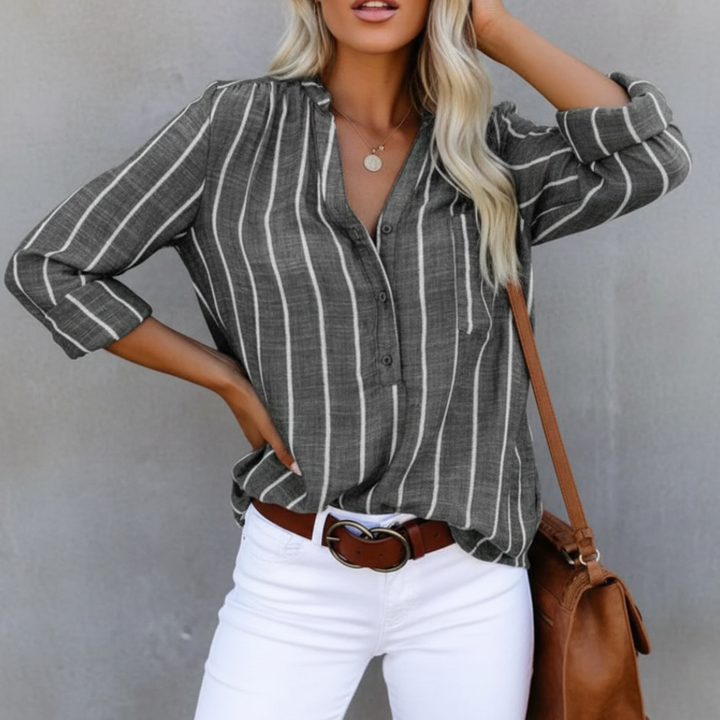 Womens striped V-neck shirt, relaxed fit, lightweight & comfortable, a key piece for summer fashion.