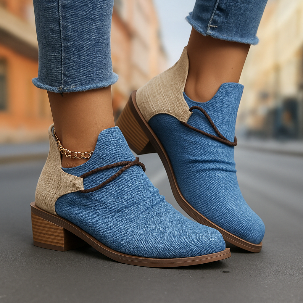 Women's stylish ankle boots with intricate braided detail. Fashionable and comfortable footwear.