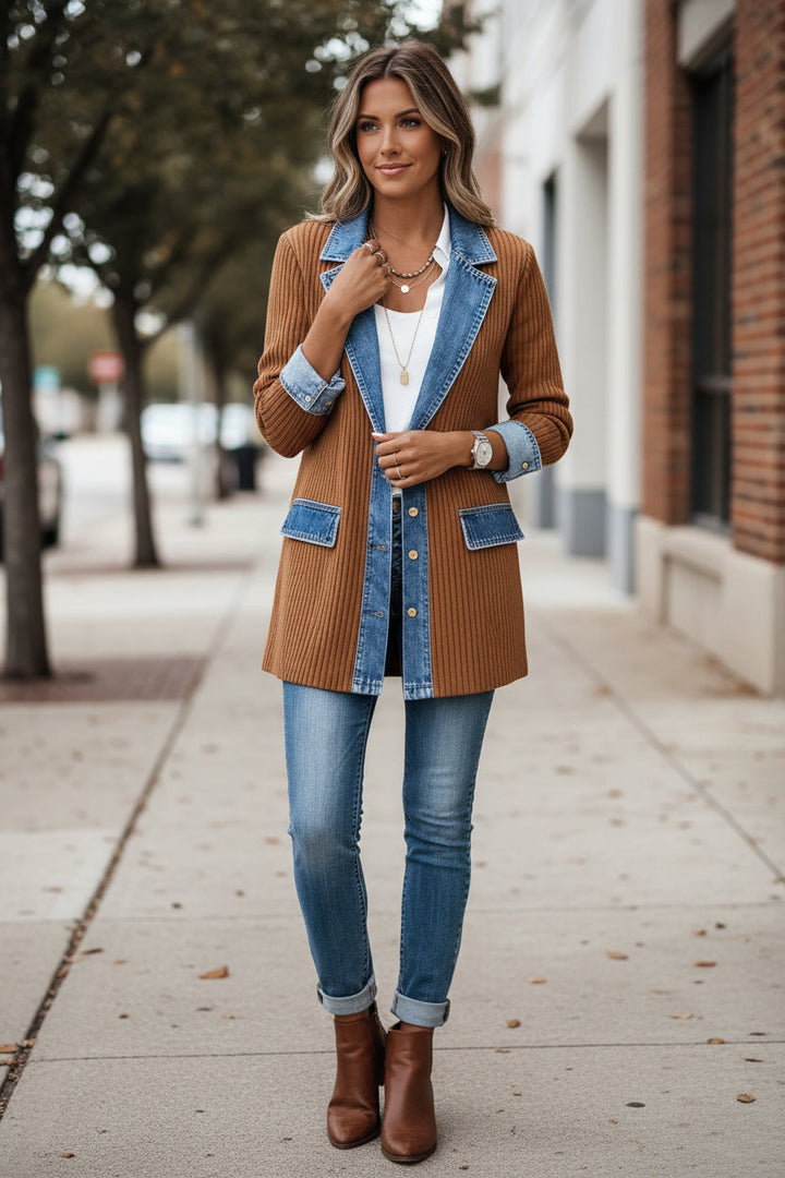 Contemporary women's hybrid jacket with stylish denim elements. A versatile layering piece for women's outerwear.