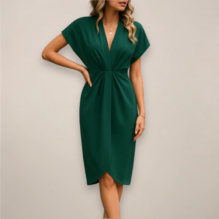 Elegant women's wrap midi dress, versatile & comfortable. Ideal for formal events, casual outings, or office wear.