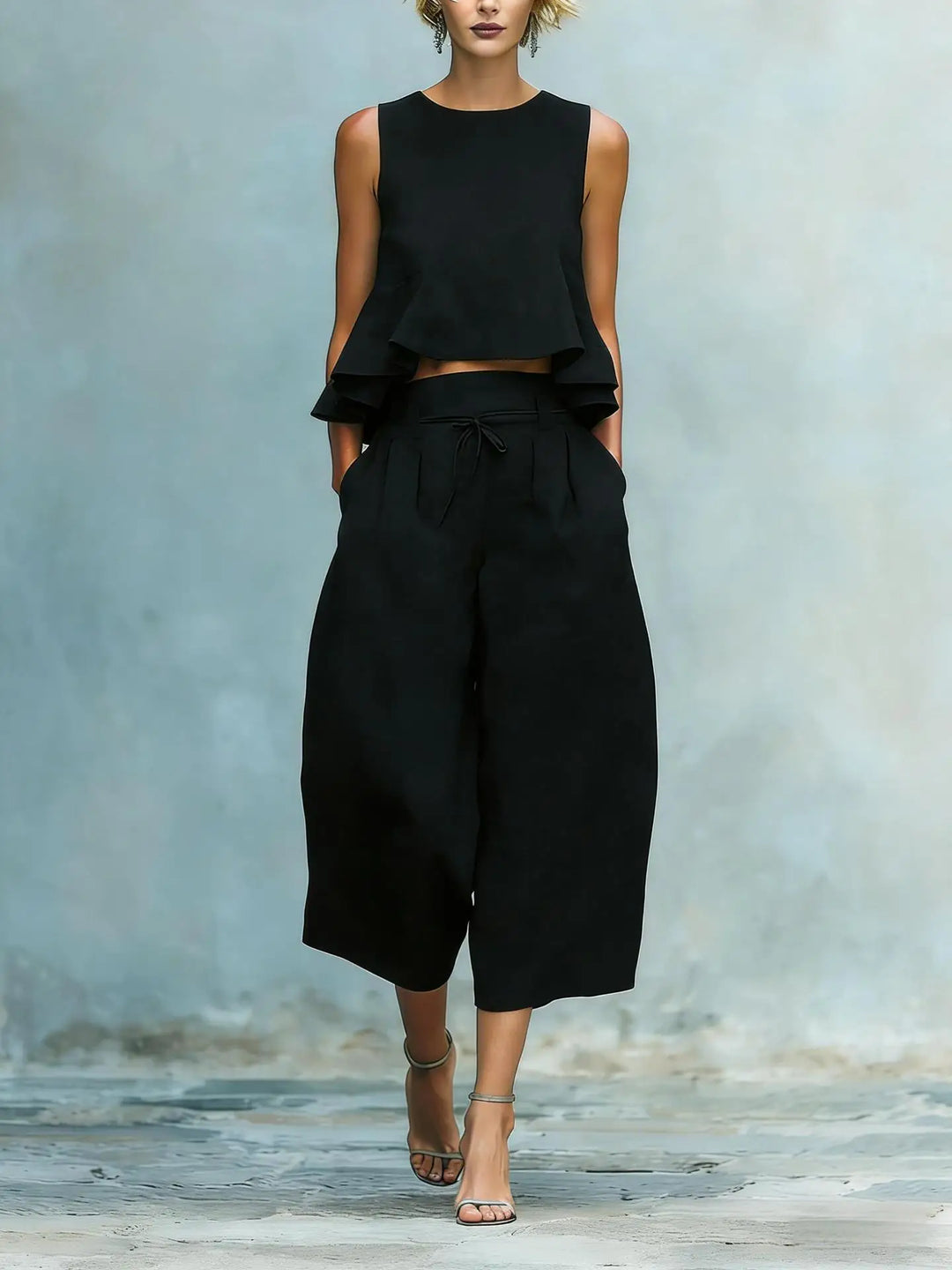Stylish women's crop top & wide-leg pant set, an elegant two-piece outfit ideal for summer resort wear.