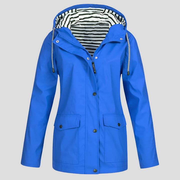 Lightweight women's waterproof hooded jacket, ideal for travel & outdoor protection. A versatile everyday essential.