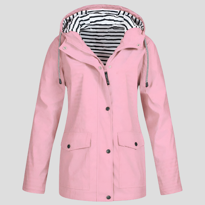 Comfortable women's hooded jacket with front pockets, offering waterproof protection for active outdoor wear.