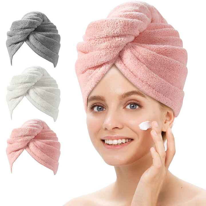 Fast-drying women's microfiber hair towel wrap (3-pack) to reduce frizz & quickly absorb water.