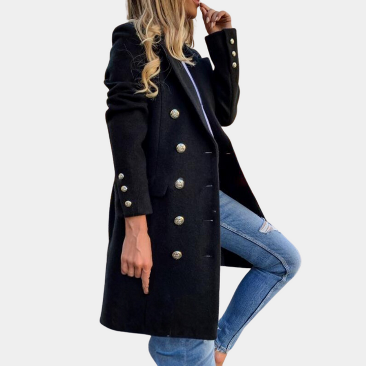 Ladies tailored long trench coat with a classic button closure, ideal for stylish autumn & spring layering.