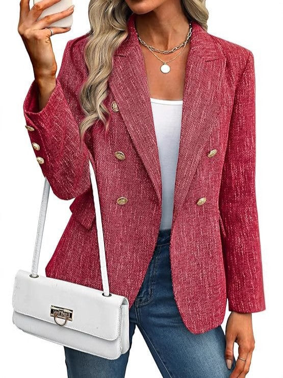 Chic women's textured workwear blazer with double-breasted design & prominent gold buttons. Office fashion.