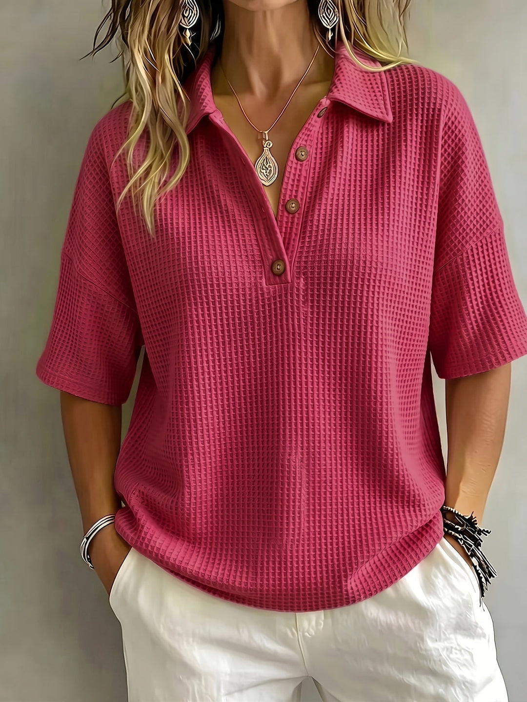 Versatile women's oversized polo top for effortless casual style; everyday wear.