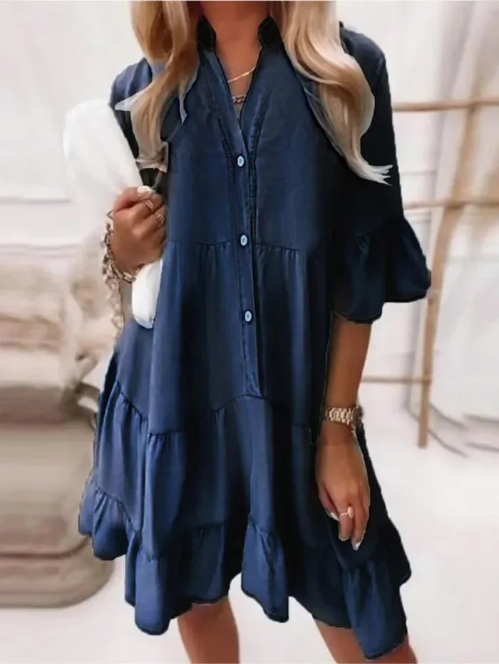 Blue women's tiered mini dress with charming ruffles and button-down front, ideal for spring day fashion.