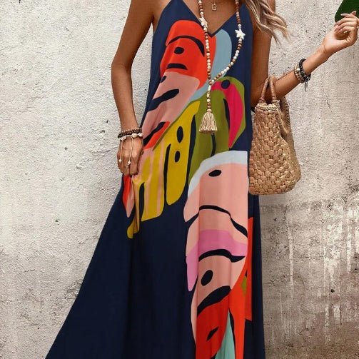 Flowing women's tropical print maxi dress, sleeveless and comfortable for summer holidays and casual resort wear.