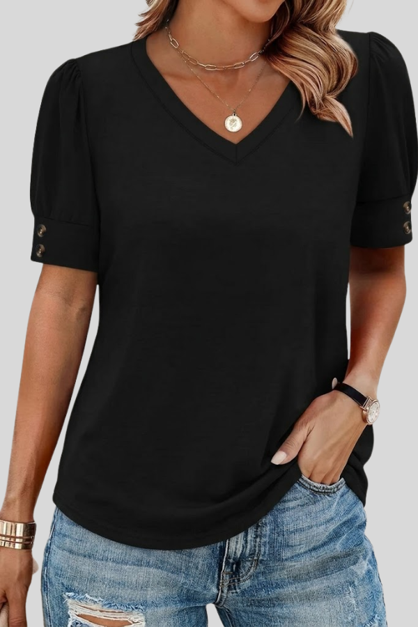 Feminine V-neck blouse for women, featuring elegant gathered short sleeves for a stylish look.
